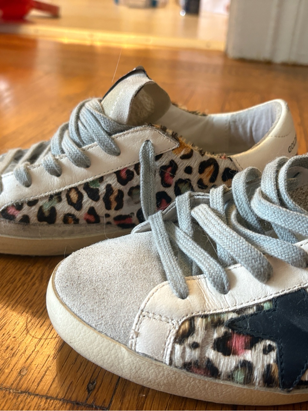 Golden Goose Light Gray Suede Sneakers with Leopard Panels